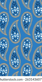 The image features a blue and white paisley pattern, characterized by its intricate designs and curves. This motif is often found in fabrics and clothing, showcasing symmetry and artistic flair.