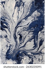 The image features a blue and white rug adorned with swirling patterns. The design may evoke a sense of artistry and creativity, with connections to painting, sketching, drawing, and landscapes.