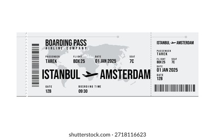 Ein Bild zeigt eine Bordkarte von Istanbul nach Amsterdam mit Flugdetails.
