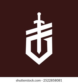 The image features a bold, white emblem centered on a deep maroon background. The design resembles a stylized sword with a cross-shaped hilt, integrated into the outline of a shield. 