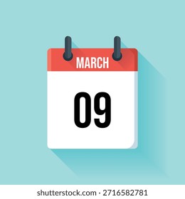 La Imagen presenta una página de calendario rojo brillante que muestra el noveno día del mes de marzo.