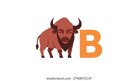 The image features a brown bison standing next to a large orange letter 'b'. The bison is depicted in a cartoonish style with a beard and two curved horns. It faces forward with its tail hanging down. The bison and the letter are set against a plain white background.