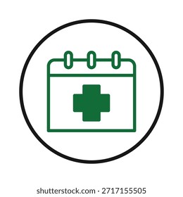 A imagem apresenta um ícone de calendário com um símbolo de cruz verde, representando um sistema de agendamento de compromissos para instituições de saúde. Este elemento visual transmite consultas médicas, coordenação de horários,