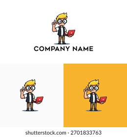La Imagen presenta un personaje de desarrollador de dibujos animados que sostiene una computadora portátil, ideal para un diseño de logotipo de una empresa tecnológica. La alegre mascota encarna la innovación, la codificación y la tecnología moderna. Esta ilustración agrega