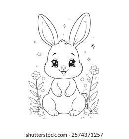 The image features a cartoon-style illustration of an adorable bunny sitting upright. The bunny has large, expressive eyes and floppy ears, with a cheerful and friendly expression. It is surrounded by