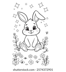 The image features a charming cartoon-style bunny sitting upright with one ear flopping to the side. The bunny has large, sparkling eyes, a cheerful expression, and soft, rounded features. It is surro