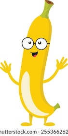 The image features a cheerful cartoon banana character with a bright yellow peel. The banana is wearing round glasses and has a smiling face with an open mouth, showing a red tongue.