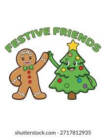 The image features a cheerful gingerbread man and a decorated Christmas tree celebrating the holiday season. The artistic style is cartoonish and colorful, evoking a festive and joyful mood. Fully editable vector EPS file suitable for design projects, print, and web.
