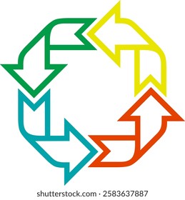 The image features a circular arrangement of arrows forming a continuous loop, resembling a recycling or sustainability symbol. Each arrow is outlined in a different color—green, yellow, red, and blue