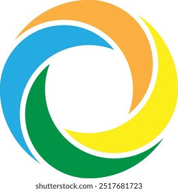 The image features a circular design made up of five curved segments, creating a dynamic and continuous flow. Each segment is in a different color: blue, yellow, green, and orange. The shapes appear t