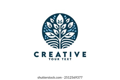 The image features a circular emblem with a stylized tree motif. The tree is composed of various shapes and patterns, predominantly in shades of blue, creating an artistic representation of leaves