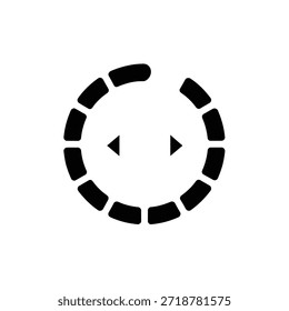 A imagem apresenta um símbolo circular composto de elementos em preto e branco. O anel exterior consiste em doze segmentos pretos, irregularmente espaçados uniformemente em torno do círculo. Dentro do círculo, há dois triângulos pretos apontando para fora, posicionados opostos um ao outro. O design geral é simples e geométrico, com um forte contraste entre as áreas em preto e branco.