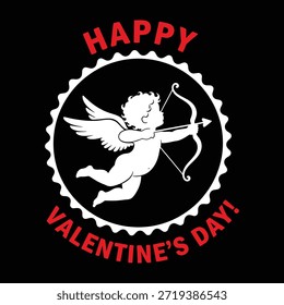 La Imagen presenta un diseño clásico del Día de San Valentín con una figura querúbica blanca que apunta un arco y una flecha. El querubín se representa en un marco circular con un borde dentado, sobre un fondo negro. Las palabras "Feliz día de San Valentín" están escritas en texto rojo, una encima y otra debajo del querubín, añadiendo un toque festivo a la Imagen.