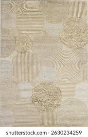 The image features a close-up view of a rug, highlighting its intricate design and texture. The primary color is beige, showcasing various patterns that contribute to its artistic appeal.
