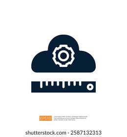 The image features a cloud with a gear symbol, indicating cloud computing or technology, alongside a ruler, suggesting measurement or precision in a digital context.