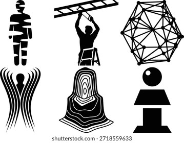 Das Bild enthält eine Sammlung abstrakter Symbole und Formen. Es umfasst ein spiralförmiges Muster, eine Figur, die ein rechteckiges Objekt hebt, eine geometrische Form, die einem Polyeder ähnelt, ein gewelltes Linienmuster, eine topographische Karte und eine stilisierte menschliche Figur mit einem quadratischen Kopf.