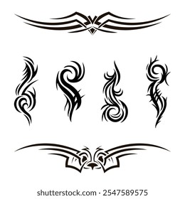 The image features a collection of abstract tribal tattoo designs. At the top and bottom, there are symmetrical wing-like patterns with sharp, angular edges. In the center, four vertical, vector