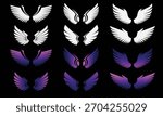 The image features a collection of angel wings in white and purple colors against a black background.