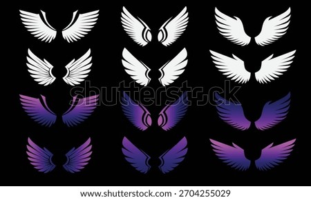 The image features a collection of angel wings in white and purple colors against a black background.