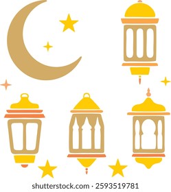 The image features a collection of black silhouette icons representing Islamic lanterns (fanous), a crescent moon, and stars. The crescent moon and stars symbolize Islamic culture