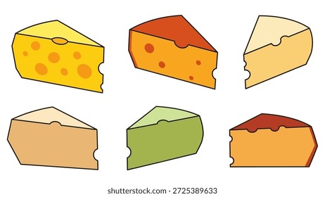 The image features a collection of cheese wedges in diverse colors and textures, isolated against a white backdrop. The composition showcases a variety of cheese styles, possibly representing different flavors. Suitable for commercial applications such as food-related designs or culinary illustrations. The image is clean and illustrative.