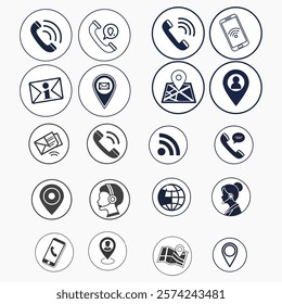 The image features a collection of communication and navigation icons designed in a minimalist black-and-white style, enclosed within circular outlines. These icons represent:

Phone and Call Icons:
