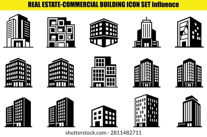 The image features a collection of dark-toned building shapes arranged in a grid. These forms represent various architectural styles and building types suitable for depicting urban environments and property concepts.