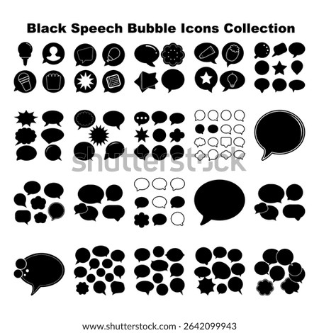 The image features a collection of diverse communication shapes, offering different icons, styles, and formations, all contained within speech bubbles. This is a vector format on a white background.