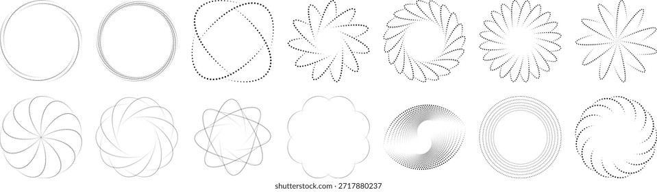 A imagem apresenta uma coleção de diversos padrões geométricos, incluindo formas circulares desenhos florais e estilos de linha únicos Cada padrão apresenta diferentes variações, tais como círculos concêntricos espirais intrincadas e formas estilizadas de flores Os padrões são criados usando vários pesos de linha e estilos, incluindo linhas tracejadas e pontilhadas oferecendo um toque moderno e artístico Os desenhos são apresentados em um fundo transparente permitindo uma fácil integração em vários projetos, tornando-os ideais para designers gráficos e artistas que procuram elementos criativos para aprimorar seu trabalho Se usado em design de mídia impressa ou qualquer projeto criativo, esses padrões fornecem um elemento visual interessante que pode complementar muitos temas e conceitos A versatilidade dessas formas geométricas permite que eles sejam usados em publicidade e como elementos decorativos em arte e design