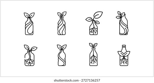 La Imagen presenta una colección de ocho íconos minimalistas de arte lineal, cada uno ilustrando una planta verde u hojas que emergen de o se entrelazan con una botella estilizada, simbolizando conceptos de crecimiento natural, reciclaje, sostenibilidad y productos ecológicos
