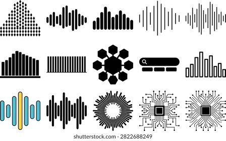 The image features a collection of frequency waveforms and circuit board shapes rendered in a minimalist style on a light-colored surface. These forms represent data and