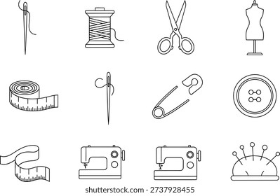 The image features a collection of outline icons representing various sewing and tailoring tools and equipment, including needles, thread, scissors, measuring tape, and sewing machines.