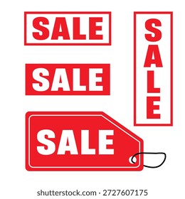 The image features a collection of red sale signs in various shapes and sizes. There are three rectangular signs and one tag-shaped sign, all prominently displaying the word 'SALE' in white bold letters. The signs are arranged in a visually appealing manner against a plain background, making the red color and the sale message stand out clearly.