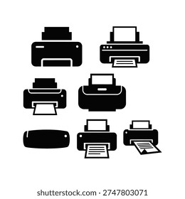The image features a collection of seven black printer icons arranged in three rows on a plain white background. The printers vary in design and some have paper emerging from them, indicating the action of printing. The icons are simple, flat, and likely used for graphic or web design purposes.