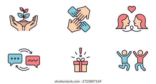 Das Bild zeigt eine Sammlung von sechs farbenfrohen Flachbild-Designsymbolen auf weißem Hintergrund, die visuell Konzepte wie Umweltschutz und Wachstum, Teamarbeit und Zusammenarbeit, liebevolle Beziehungen und Verbindung, Kommunikation und Dialog, Überraschungsgeschenke und Belohnungen sowie Freude und Feier darstellen