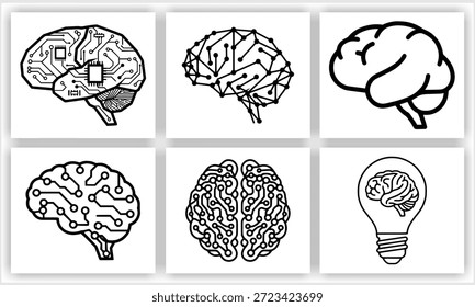 A imagem apresenta uma coleção de seis ilustrações distintas em preto e branco, cada uma representando um cérebro humano conceitualmente renderizado com elementos de tecnologia, conectividade e ideação, como padrões de placa de circuito, nós de rede e um cérebro dentro de uma lâmpada, todos colocados contra um fundo branco limpo.   