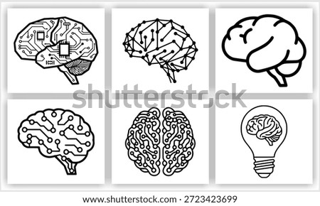 The image features a collection of six distinct black and white line art illustrations, each representing a human brain conceptually rendered with elements of technology, connectivity, and ideation, such as circuit board patterns, network nodes, and a brain inside a light bulb, all set against a clean white background.   