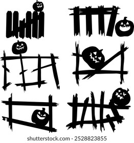 The image features a collection of six Halloween-themed designs, which prominently feature pumpkin motifs and a broken wooden fence structure. The black silhouette creates a spooky yet scary vibe