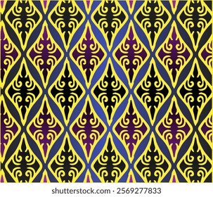 The image features colorful geometric patterns with diamond shapes filled with traditional ornamental designs. The contrast between the background and details creates an artistic and modern impression