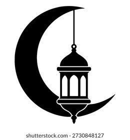 La Imagen presenta una luna creciente con una linterna colgante suspendida de su punta inferior. La linterna tiene un diseño tradicional con una parte superior abovedada y una serie de aberturas de Vertical que permiten que la luz pase a través. La estética general es simple y elegante, evocando una sensación de tranquilidad y serenidad.