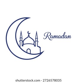 La Imagen presenta una luna creciente con una silueta de mezquita en su interior, acompañada de la palabra 'Ramadán'. Esto simboliza el mes sagrado islámico del Ramadán, un tiempo de ayuno, oración y reflexión. La luna creciente es un símbolo tradicional del Islam, y la mezquita representa la comunidad y las prácticas espirituales durante este mes.