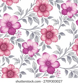 The image features a delicate and intricate floral pattern against a clean white background. In the foreground, the pattern is comprised of vibrant pink flowers with soft, feathery petals.