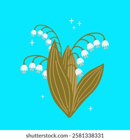 The image features delicate lilies of the valley isolated on a blue background.