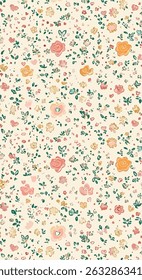 The image features a delightful pattern of flowers and leaves, ideal for use as wrapping paper or fabric. This enchanting motif showcases vibrant colors and intricate designs.