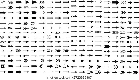 Das Bild verfügt über ein dichtes Raster mit zahlreichen Pfeilsymbolen, die eine breite Palette von Stilen, Größen und Richtungen zeigen, alle in Schwarz auf weißem Hintergrund