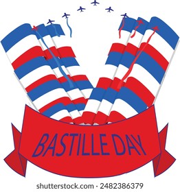 
The image features a design with blue, white, and red stripes, reminiscent of the French flag. Above the stripes are silhouettes of airplanes in a formation, releasing trails in matching colors. 