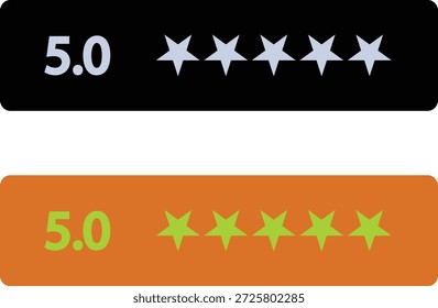 La Imagen presenta un estilo de silueta distintivo con dos íconos de clasificación, uno en negro con estrellas blancas y el otro en naranja con estrellas verdes, ambos mostrando una puntuación de 5.0, presentados sobre un fondo blanco limpio y simple. alta calidad