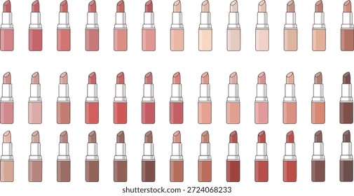 Das Bild zeigt eine vielfältige Kollektion von Lippenstiften in verschiedenen Schattierungen und Farben. Die Lippenstifte sind in einer gepflegten Anordnung dargestellt, die eine breite Palette von Farbtönen von Rot und Rosa bis Braun und Akt zeigt. Das Bild scheint eine grafische Illustration zu sein, die wahrscheinlich für Schönheits- oder Kosmetikzwecke verwendet wird und die Vielfalt der verfügbaren Schattierungen hervorhebt. Die Lippenstifte haben ein detailliertes und realistisches Design auf einfarbigem, weißem Hintergrund.