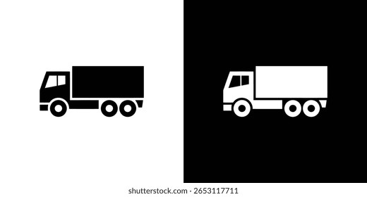 The image features dual, high-contrast black and white schematic representations of a delivery truck. One is in black on a white background, the other in white on black.