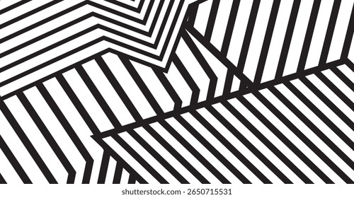 A imagem apresenta um arranjo dinâmico de linhas pretas e listras brancas em negrito, criando um contraste e uma ilusão ótica com formas geométricas e elementos angulares.